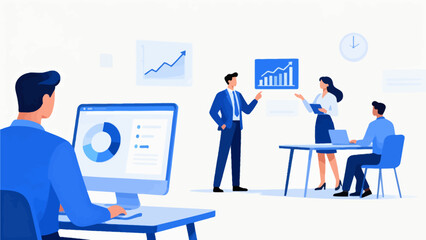 Business team in meeting with charts and laptops