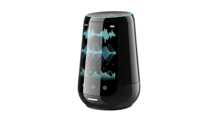 Sleek Black Smart Speaker with Dynamic Sound Wave Display.