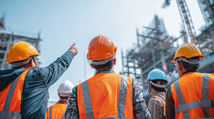 Team of engineers wearing helmets pointing at building structure under construction, discussing safety and progress.