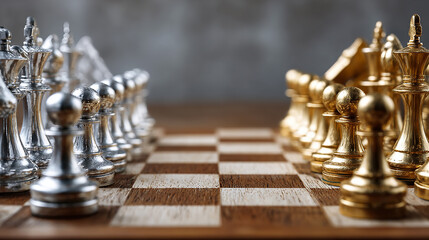 Wooden chess board with silver and gold pieces facing each other, concept of competition and corporate rivalry.