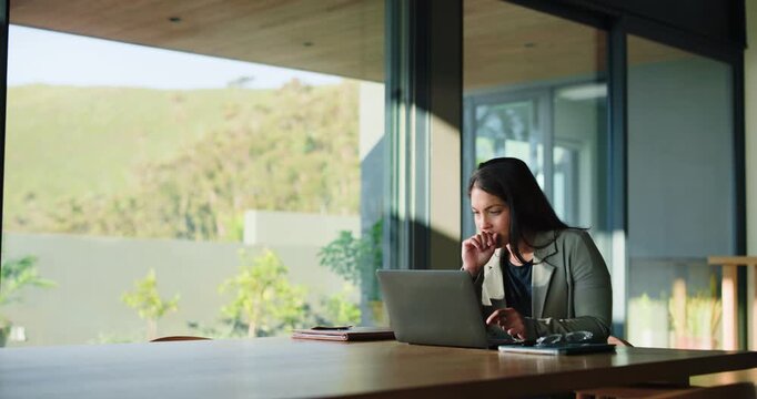 Business woman, laptop and remote work for research, real estate opportunity or listing services online. Realtor, reading or browsing housing website for home post, property consulting or project