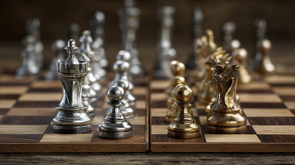 Wooden chess board with silver and gold pieces facing each other, concept of competition and corporate rivalry.