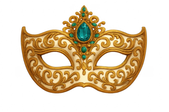 Venetian masquerade mask with gold filigree and emerald jewels