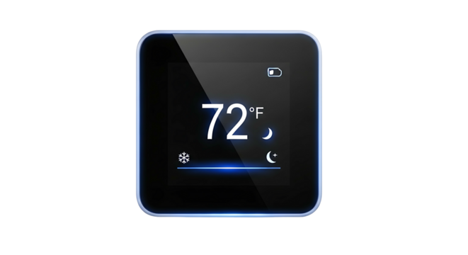Smart Thermostat Displaying 72 Degrees Fahrenheit on White Background.