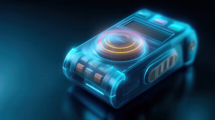 Futuristic digital device with glowing neon blue wireframe and circular interface on dark background, technology concept