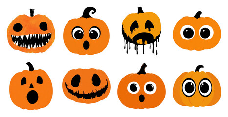 Obraz premium PNG Halloween pumpkins with various expressions, element set on transparent background