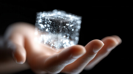 Futuristic digital cube glowing with light held in hand symbolizing technology and innovation