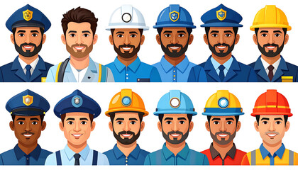 Diverse professionals wearing various work hats representing different occupations.