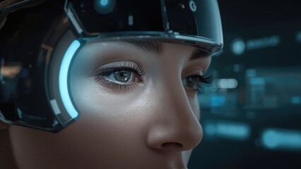 Close up of woman's eye with futuristic access recognition technology, highlighting iris, digital interface, and advanced computer systems for biometric scanning.