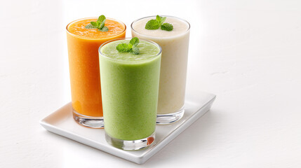 Fototapeta premium Trio of Refreshment: Vibrant smoothies of various flavors, adorned with fresh mint, are elegantly presented on a serving tray, evoking a sense of health and delicious refreshment.