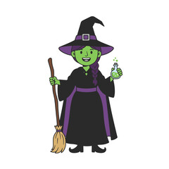 Cute Green Witch Holding Potion Bottle and Broom | Halloween Cartoon Vector Illustration