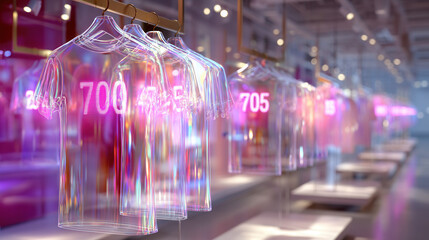 Transparent t shirt hangers with glowing holographic price tags in futuristic retail store, colorful and modern shopping scene