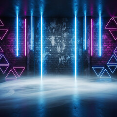 Futuristic Cyber Stage with Glowing Neon Lights and Abstract Geometric Patterns