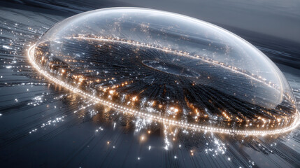 Futuristic glowing dome protecting mega city with bright lights and intricate network under dark sky