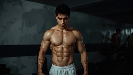 Fototapeta premium Young male bodybuilder with defined muscles performing workout in a dark gym setting, showcasing physical strength and fitness focus with heavy dumbbell.