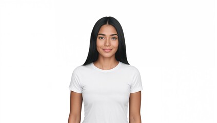 Fototapeta premium Young woman with long black hair wearing a plain white t-shirt on a white background posing with a neutral expression suitable for graphic design mockup presentations