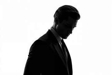 Fototapeta premium Businessman silhouette in profile wearing a suit with slicked back hair isolated on a white background demonstrating a contemplative posture and professional demeanor