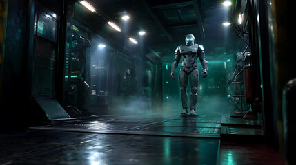 Fototapeta premium Metallic Humanoid Figure Standing in a Dark Industrial Corridor with Dim Lighting and Atmospheric Mist