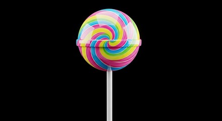 Colorful Swirl Lollipop on Black Background - Sweet Treat Delight.