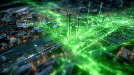 Futuristic cityscape with glowing green digital network overlay and illuminated buildings night, showing advanced technology