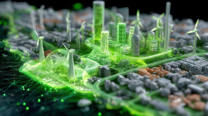 Sustainable city model with wind turbines and green energy hologram glowing over urban buildings, futuristic eco friendly