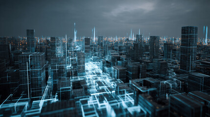 Naklejka premium Aerial view of a futuristic cityscape with glowing lines and dark buildings under a cloudy sky