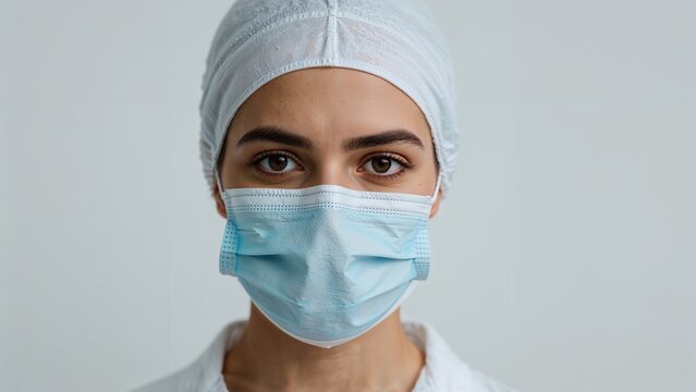 Medical researcher wearing a protective cap and surgical mask looking directly at the camera with a serious expression in a clinical setting