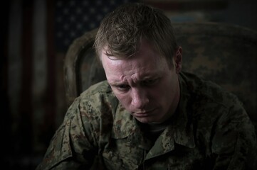 Fototapeta premium Soldier in military uniform displaying emotional distress and deep reflection in a dimly lit setting, symbolizing struggles with PTSD and the need for psychological support.