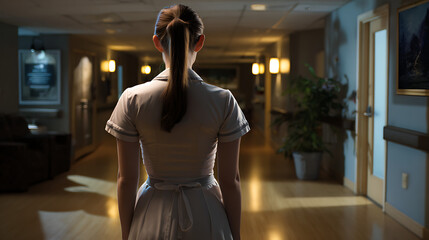 Rear View of Healthcare Worker in White Uniform Walking Down Hospital Hallway with Ambient Lighting