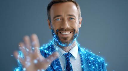 Ultra realistic AI financial advisor glowing with blue holographic light smiling confidently in suit and tie