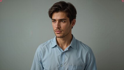 Fototapeta premium Pensive young man wearing a light blue shirt looking away against a grey background with soft lighting and minimal distractions in the composition.
