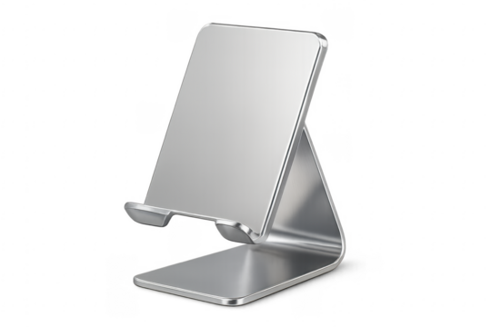 Silver metal phone stand holding tablet device