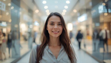 Portrait of a smiling woman in a shopping mall with blurred background and bokeh lights creating a vibrant atmosphere of retail activity and consumerism.