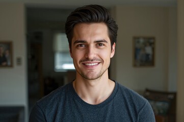 Obraz premium Smiling man with dark hair wearing a gray t-shirt sitting indoors in a well-lit living room, conveying a relaxed and approachable demeanor.