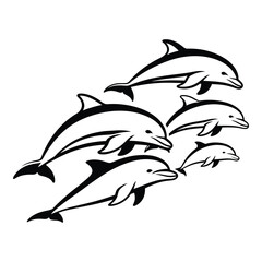 A pod of majestic dolphins gracefully swimming together in flowing motion capturing the freedom of the ocean waves and marine life silhouette