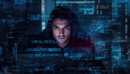 Focused individual in hoodie engaging with complex digital interface, multiple layers of code and data displayed around, illustrating cybersecurity or hacking theme.