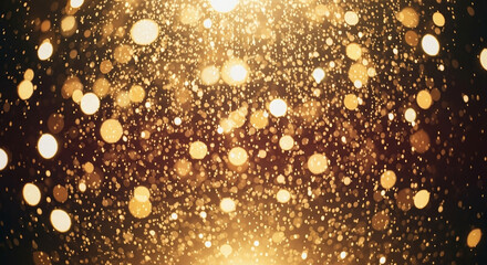 Golden Shimmering Glitter Particles with Bokeh Lights Abstract Background