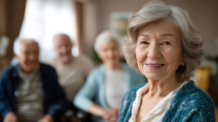 Smiling Elderly Woman with Gray Hair in Assisted Living Setting with Blurred Background of Seniors