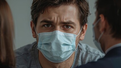 Individual wearing a surgical mask displays intense emotion during a therapeutic group session while seeking help and support from professionals.