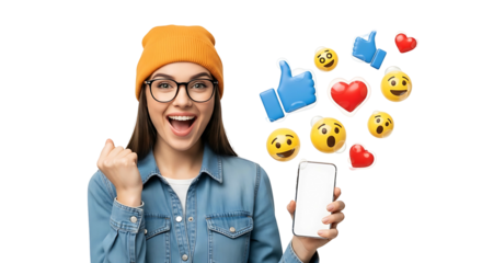 Young woman holding a smartphone with social media icons and emojis floating around her.