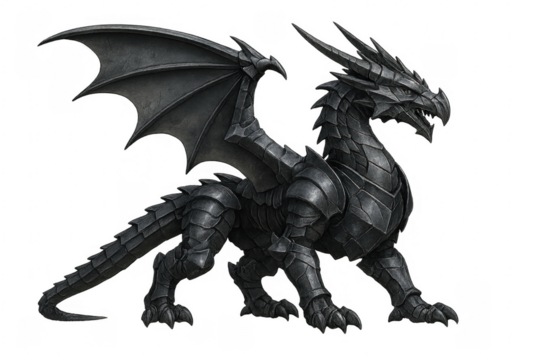 Armored black fantasy dragon standing on transparent background