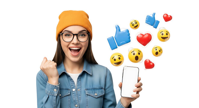 Young woman holding a smartphone with social media icons and emojis floating around her.