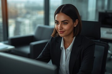 Fototapeta premium Young businesswoman working intently at her desk in a modern office with large windows, displaying a focused expression and dressed in professional attire