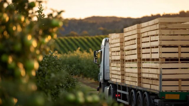 Capture the essence of harvest with a golden-hour photo of a truck laden with wooden crates of apples, set against fading orchard rows.