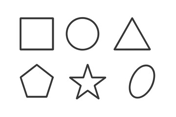 Basic geometric shapes line icons set. Square, circle, triangle, pentagon, star, oval shapes. Vector outline pictograms for web, UI, UX mobile app design. Minimalist symbol collection.