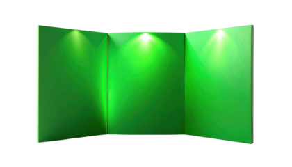 Green backdrop illuminated by spotlights for presentations.