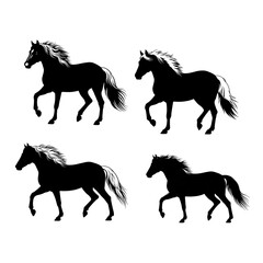 Horse Silhouette Collection: A stunning set of four monochrome horse silhouettes, capturing the graceful movement and elegance of the equine form, ideal for design elements and artistic projects.