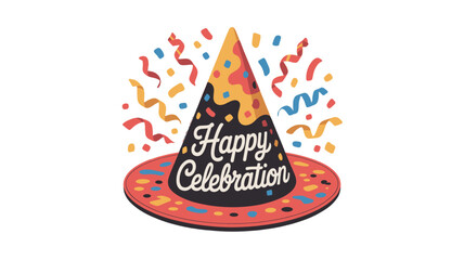 A festive birthday hat with confetti and text Happy Celebration.