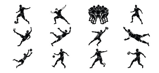 Naklejka premium Collection of dynamic black silhouettes of athletes in various sports poses and actions