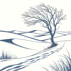 Vector art of a serene winter landscape, featuring a solitary tree standing amidst snowcovered dunes, with subtle footprints leading towards it, evoking a sense of quiet solitude